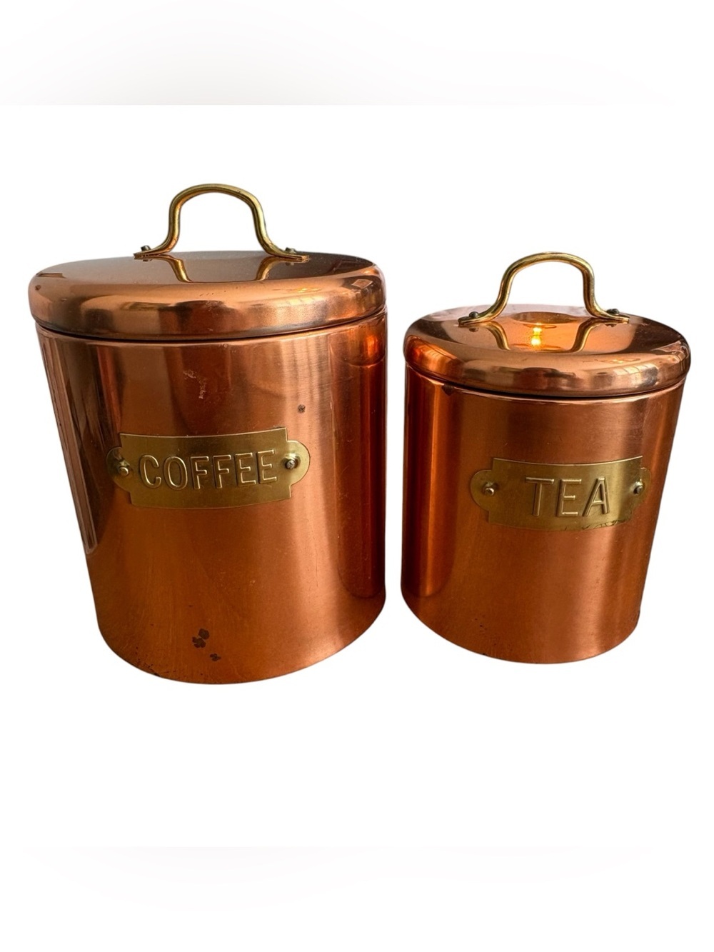 Vintage Copper Coffee & Tea Storage Canisters Brass Labels/Handles European
